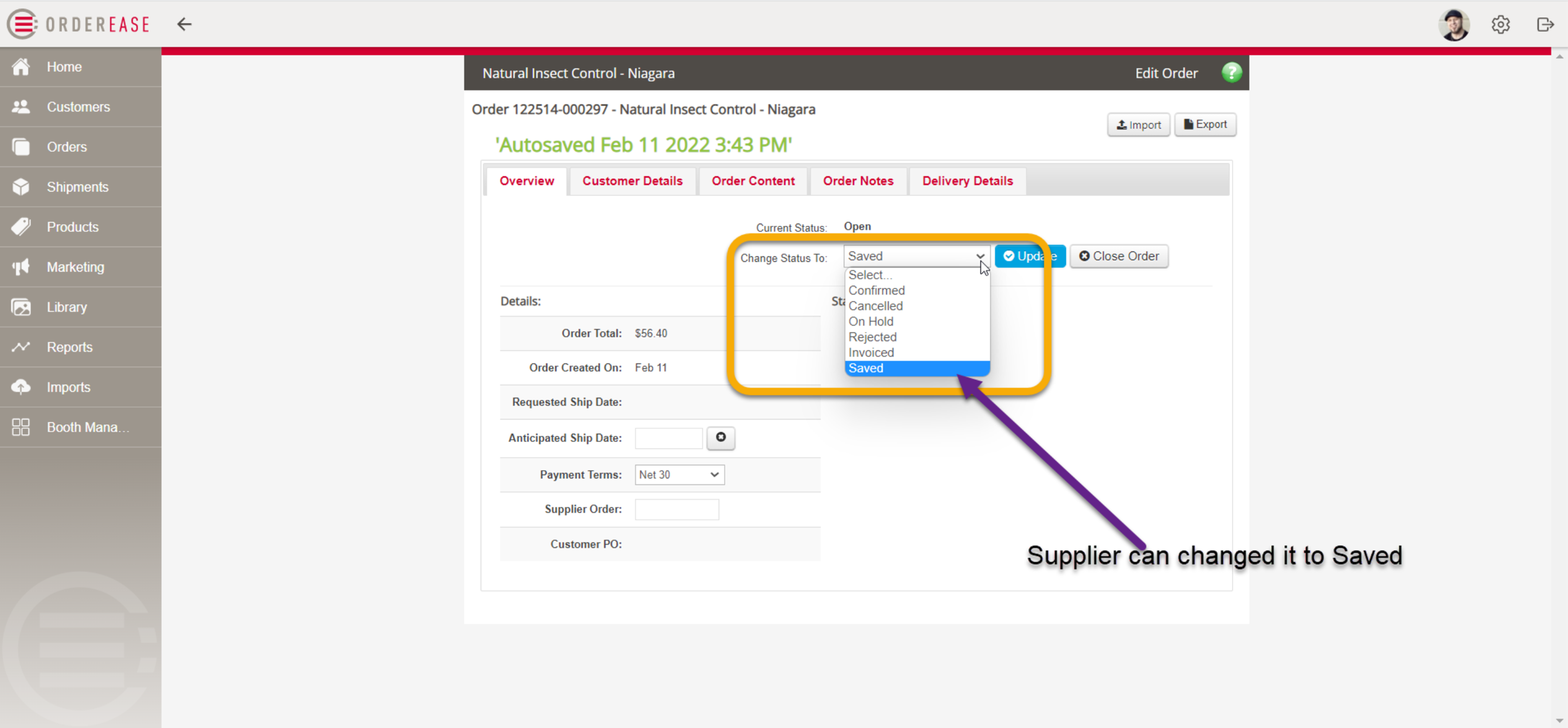 6 - Showing where a supplier can change an order status to Saved