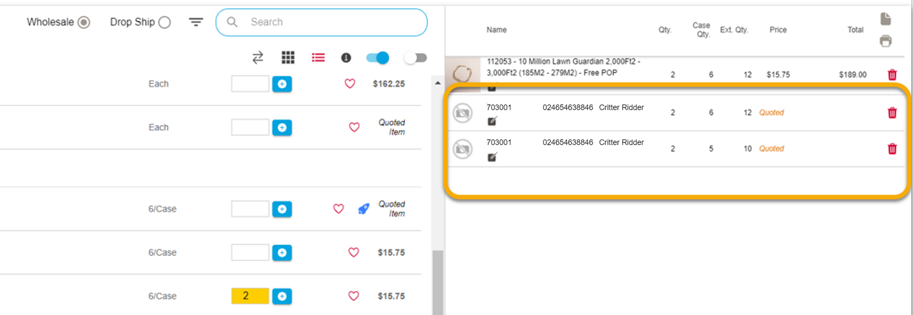 List and cart view of quoted prices in list view