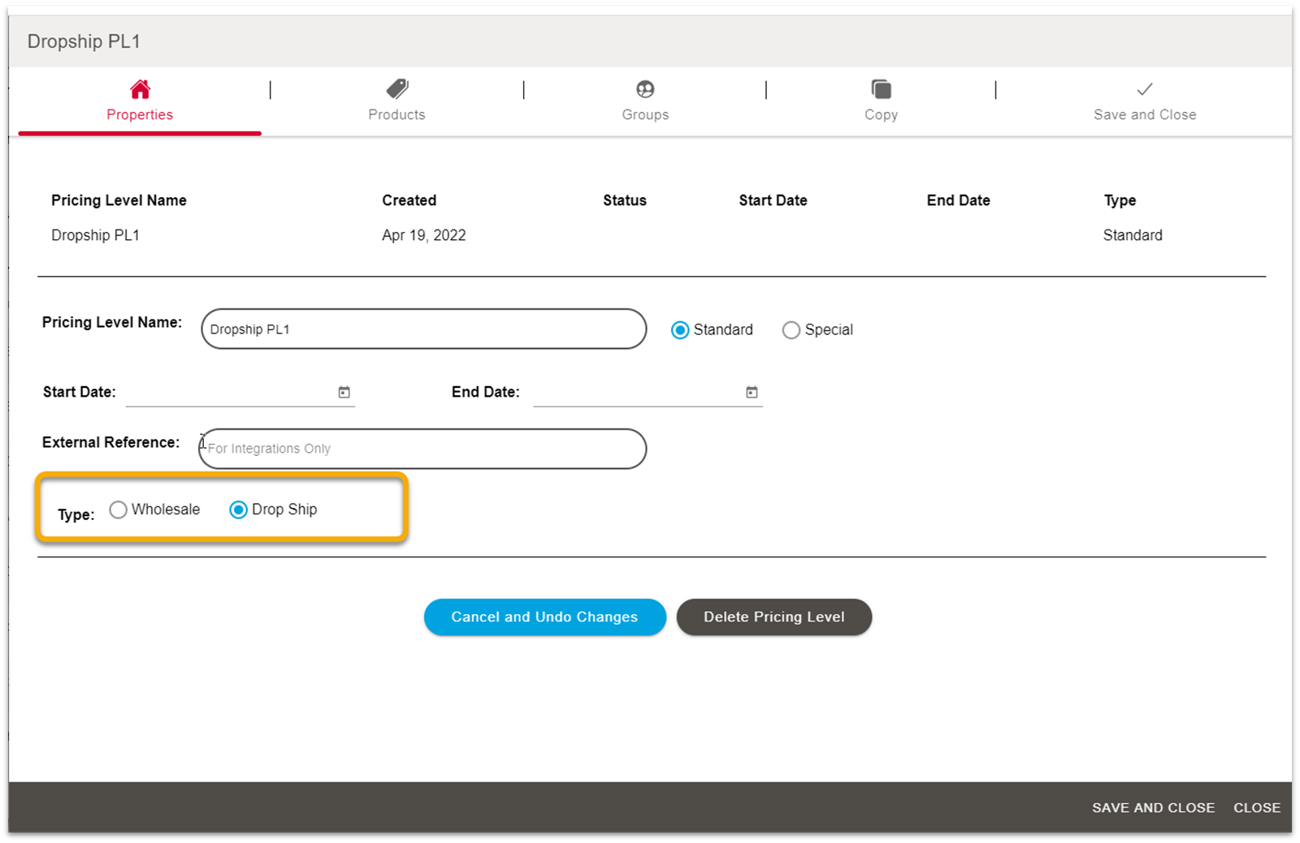 Property update making it a dropship Pricing Level